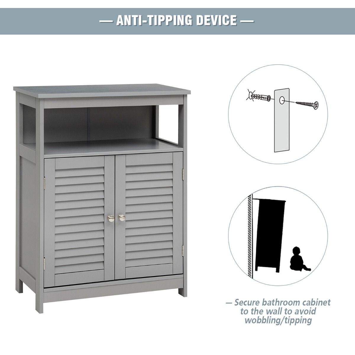 Meuble de salle de bain Coast - Double porte - Etagère ouverte - 60 x 30,5 x 80 cm - Gris