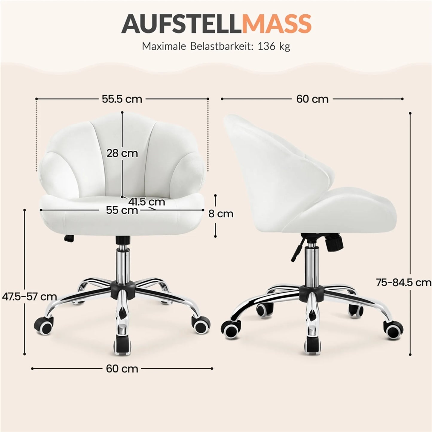 Yaheetech Chaise de bureau en forme de coquillage - avec fonction pivotante, hauteur réglable par vérin à gaz et dossier rembourré - pour le bureau à domicile et la chambre à coucher - polyester blanc et métal - 60 x 60 x 76,5-86 cm