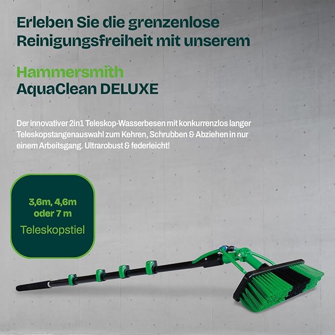 Brosse à eau Hammersmith AquaClean Deluxe - Télescopique 3,6 m - Raccord pour tuyau d'arrosage - Fenêtres/Panneaux solaires