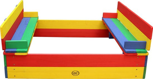 Bac à sable en bois AXI Ella aux couleurs de l'arc-en-ciel - Avec bancs et couvercle - Bois FSC - 100 x 95 x 20 cm - Bac à sable pour enfants