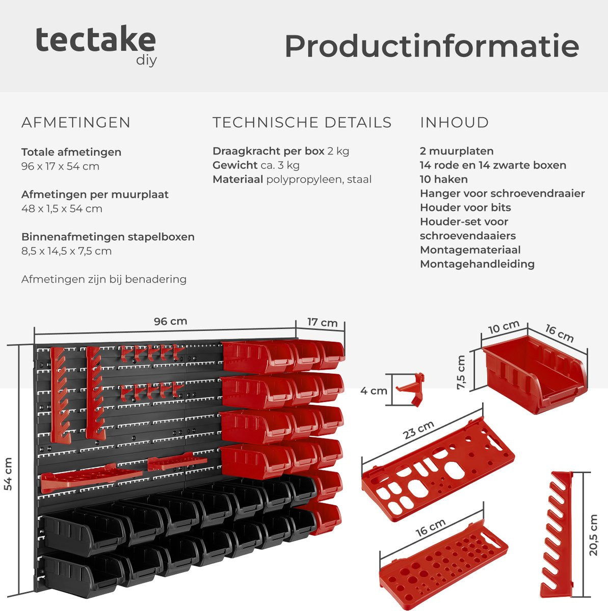 tectake mur d'outils d'atelier - 96x17x54 cm - Noir/Rouge - 28 Bacs de rangement et supports muraux