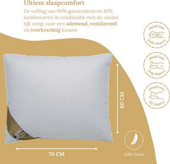 Oreiller Ten Cate - Oreiller pour douleurs cervicales - Duvet et plumes d'oie - Trois compartiments - Oreillers - Convient aux personnes dormant sur le dos, sur le côté et sur le ventre - Oreiller ergonomique - 50 x 60 cm