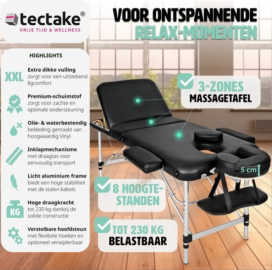 Table de massage mobile en aluminium 3 zones - noire - table de traitement - divan de traitement - sac de rangement inclus - pliable