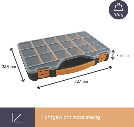 Boîte d'assortiment Perel, max. 20 compartiments, 16 séparateurs, couvercle transparent, empilable, 326 x 257 x 48 mm, jaune/noir