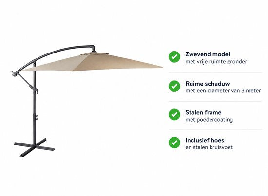 Nexxt Banana Parasol 3 mètres - Parasol à pied central avec housse et pied en croix en acier - Taupe