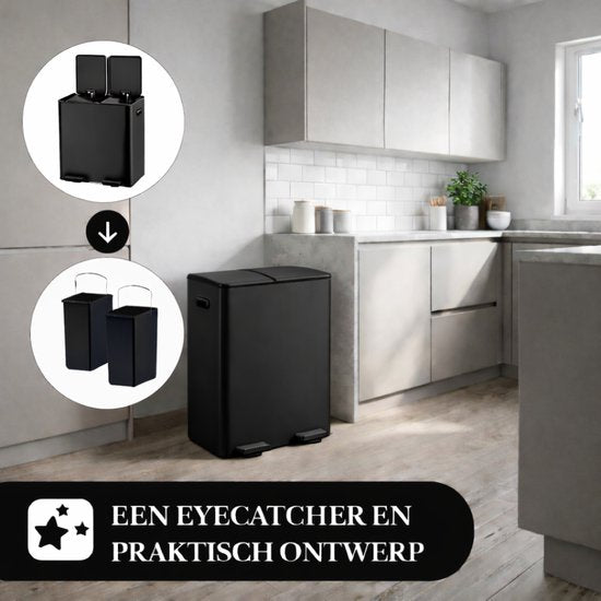 Bayt Poubelle - Poubelle 60 litres (2x30) - Poubelle 60 litres - Poubelle à pédale 60 litres - Poubelle Séparation des déchets - Poubelle 2 compartiments - Poubelle - inox - Noir