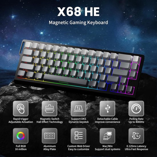 ATTACK SHARK X68HE - Clavier gaming filaire à commutateurs magnétiques - 66 touches - Touches PBT imprimées sur le côté - RGB - Lanière décorative - 8 kHz - 0,01 mm RT - 0,125 ms - Moonlit Night