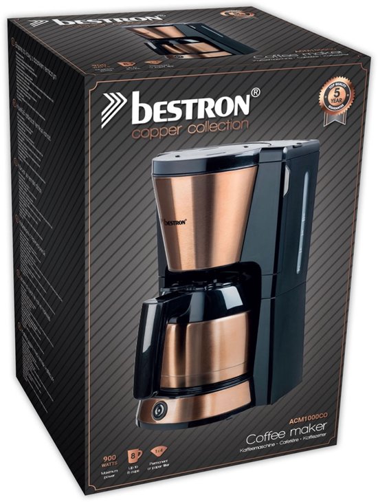 Cafetière à filtre Bestron 900 W - ACM1000CO - 1 L, 8 tasses - Verseuse isotherme - Cuivre - Garantie 5 ans