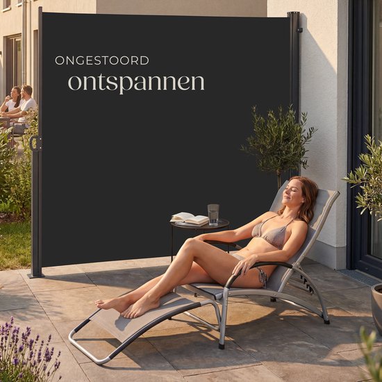 tectake® Pare-vent télescopique avec mécanisme d'enroulement - 300 x 200 cm - Auvent latéral avec armature en aluminium - Pare-soleil - Pare-vue de jardin - Pare-vue noir pour balcon - Pare-vue opaque - Toile de store