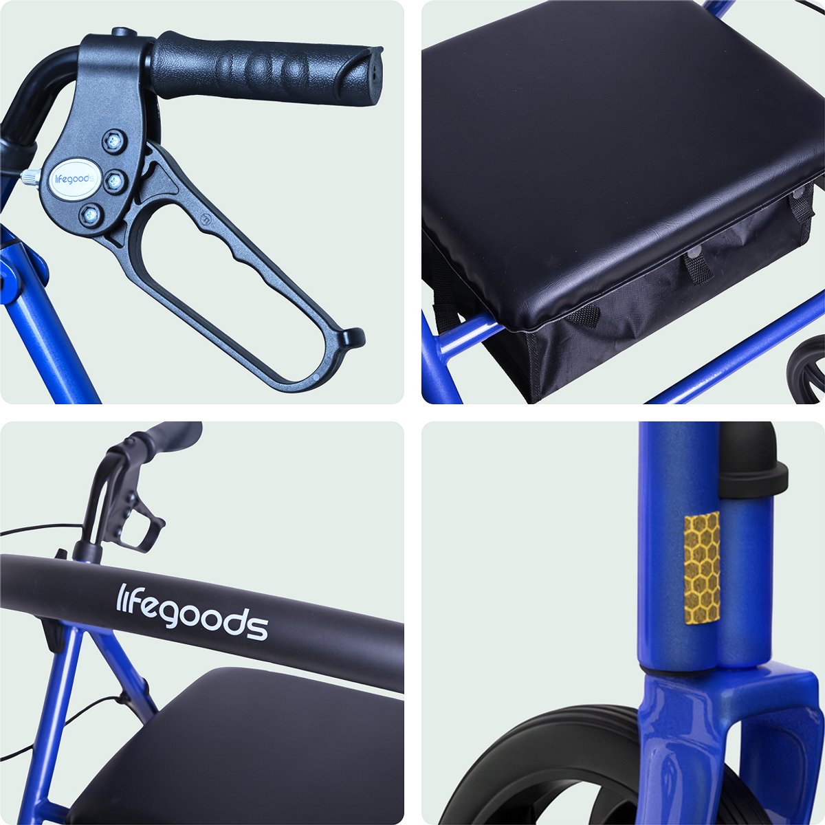 Rollator LifeGoods Basic : léger et pliable - Avec siège et dossier - Réglable de 79 à 89 cm - Capacité de charge de 136 kg - 66 x 59 x 79-89 cm - Bleu foncé