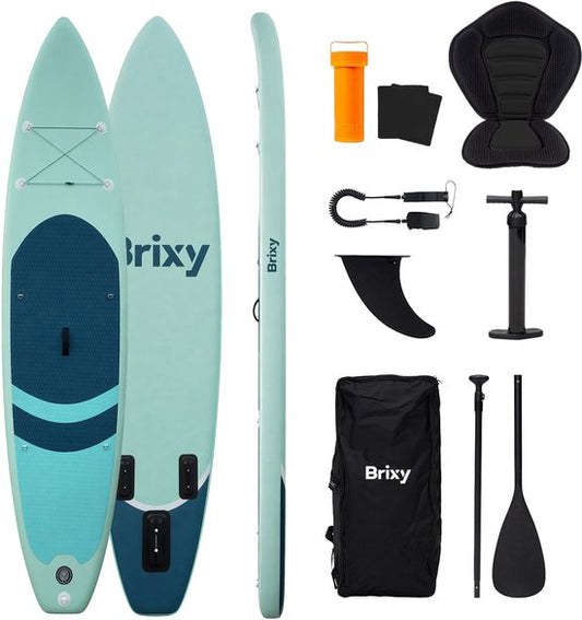 Planche de SUP 2-en-1 Brixy - avec siège - Planche de paddle gonflable - Kit complet - 335 cm - 175 kg max. - Vert menthe/Bleu