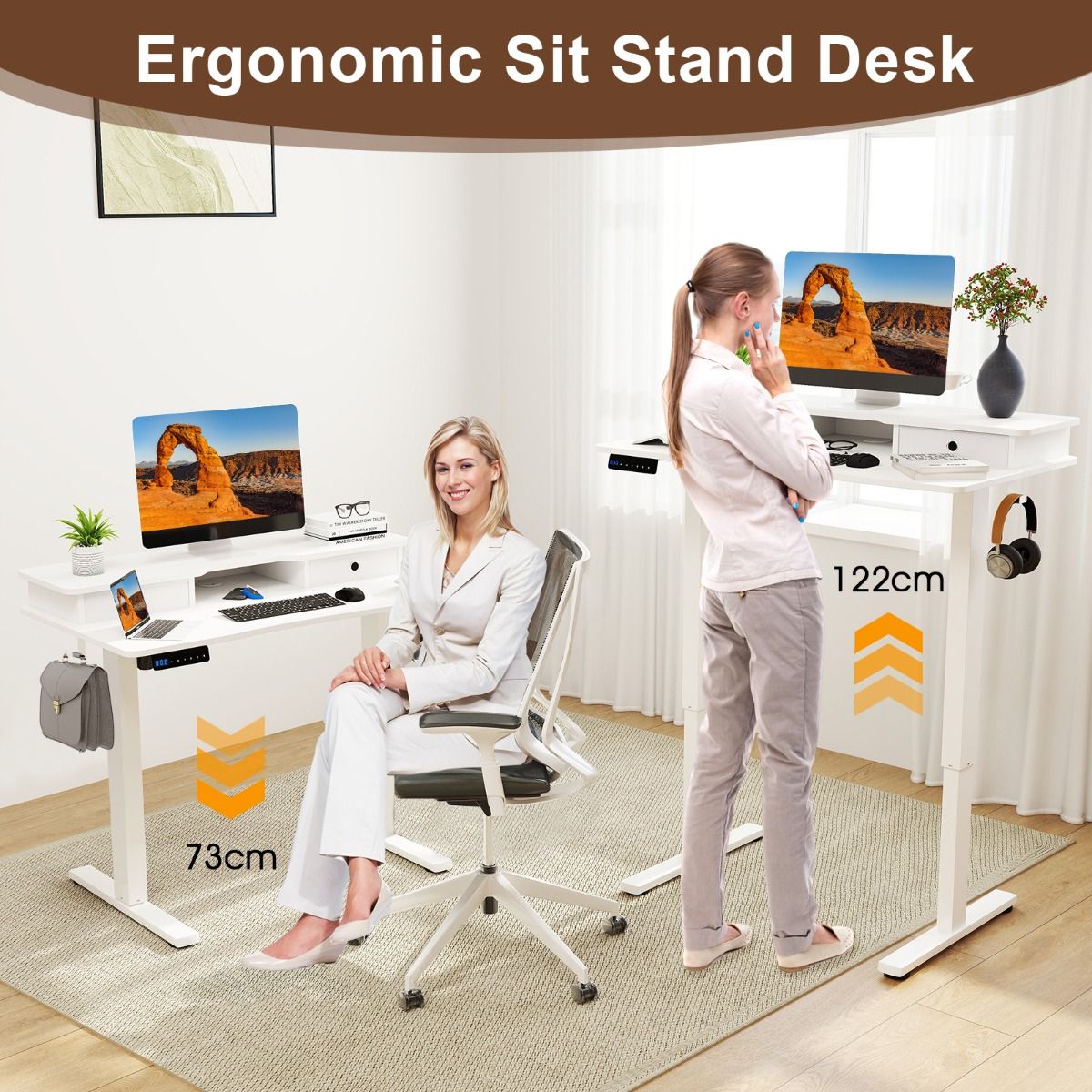 Bureau assis-debout électrique Coast - Réglable en hauteur - Avec support pour écran et tiroirs - Blanc 100 x 60 cm