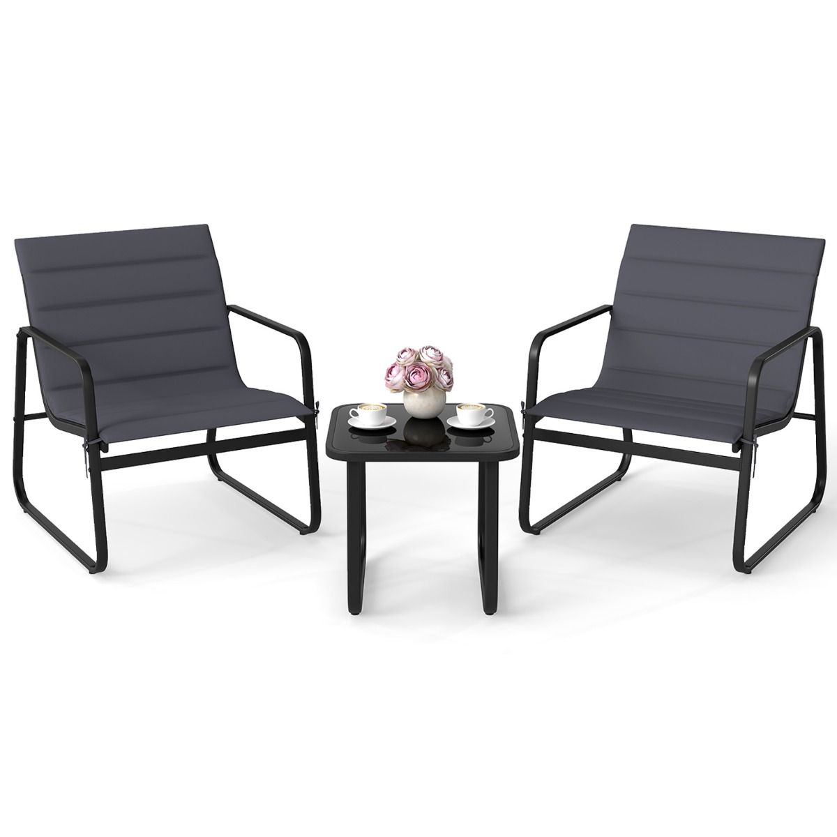 Ensemble de jardin Coast 3 pièces - chaises d'extérieur avec coussins amovibles - table d'appoint en verre trempé - gris et noir