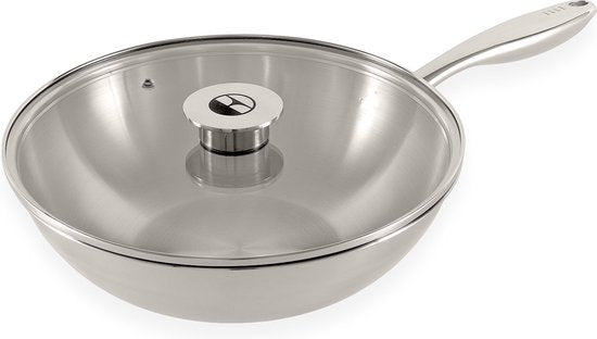 Poêle wok ELLE Gourmet Classique en acier inoxydable avec couvercle - Ø 28 cm - Sans PFAS - Induction