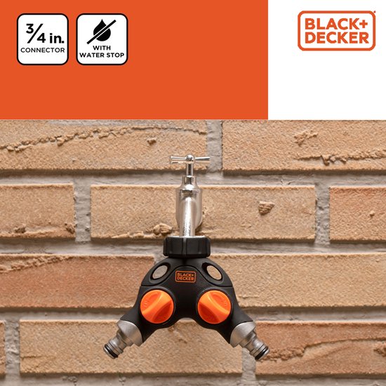 BLACK+DECKER Pièce de robinetterie - Connecteur 3/4 pouce - Stop eau - Séparateur 2 voies - Noir/Orange