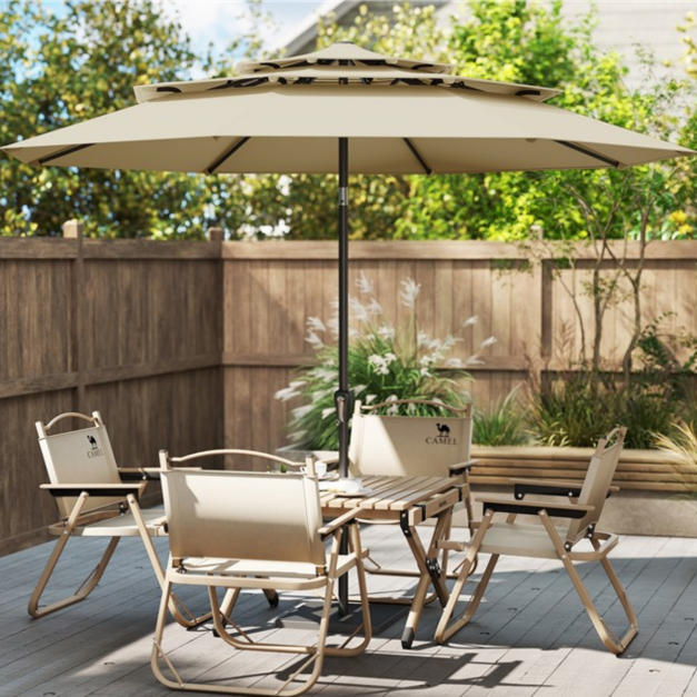 Parasol de terrasse Coast 300 x 300 x 245 cm - Toit à 3 niveaux - Inclinable - Manivelle - Beige/Marron/Gris