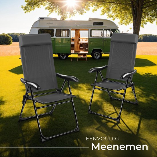 tectake® Chaise de camping - Pliante - Dossier réglable en 7 positions - Chaise de jardin - Chaise inclinable - Structure en acier et aluminium - Lot de 2 - Anthracite