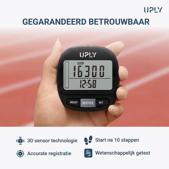 Uply Podomètre avec clip et sangle de transport - Capteur 3D - Podomètre de poche - Pile incluse - Noir