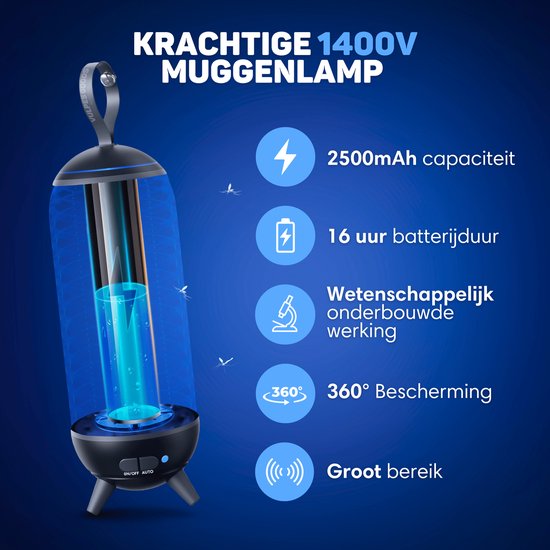 Vulpes Goods® Repellent - Mosquito lamp Rechargeable - Electric Insect Killer - Fly lamp - Insect lamp - UV mode & Night light - Suspendable - Waterproof - Incl. collection tray & cleaning brush