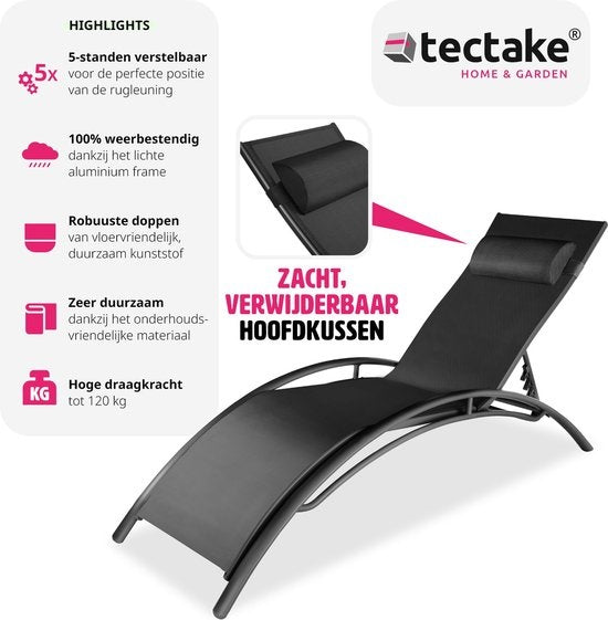 Tectake® Jeu de 2 chaises longues en aluminium - Chaises de jardin résistantes aux intempéries - Dossier réglable - Coussin de tête inclus