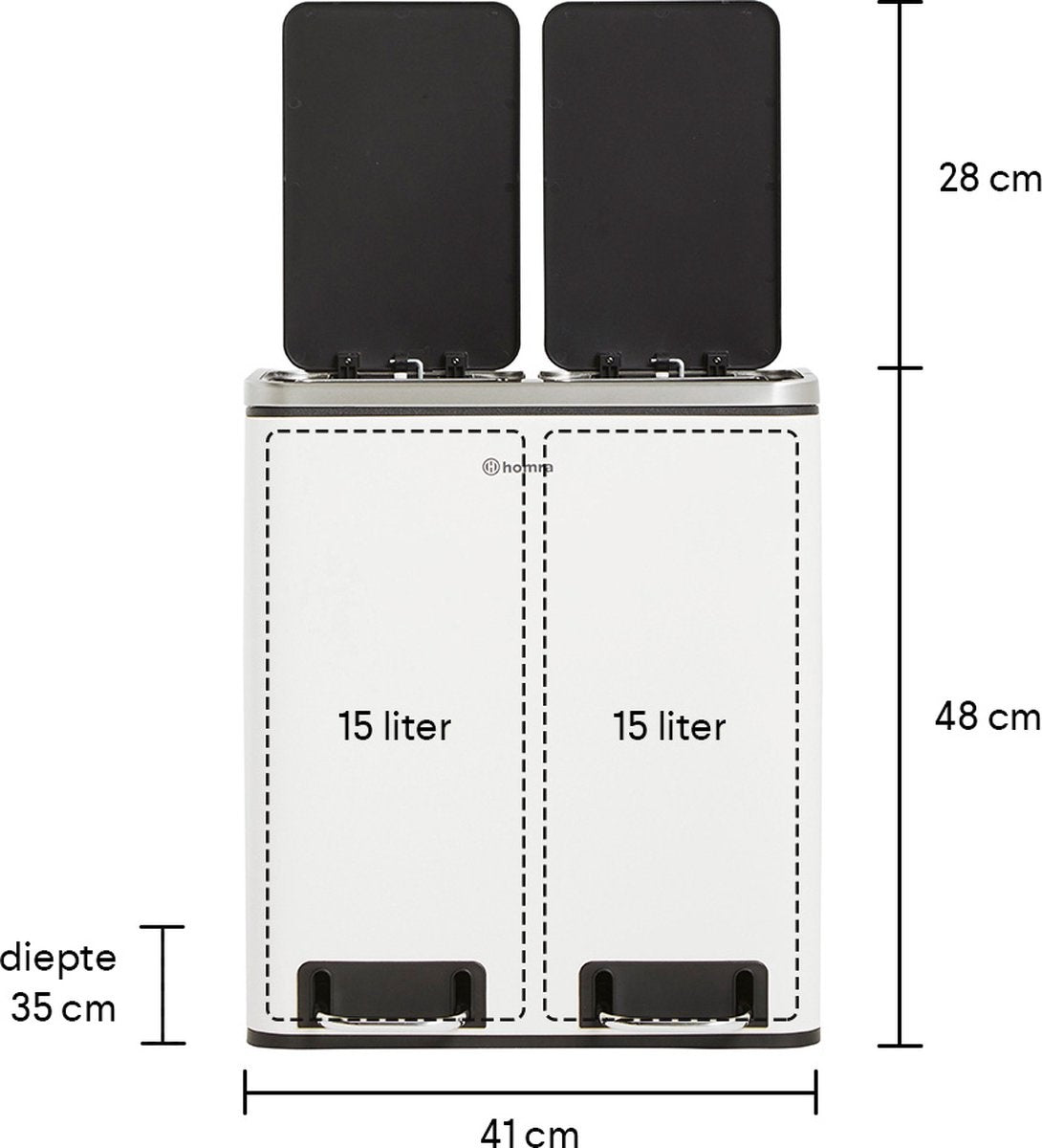 Homra BLINQ Afvalscheiding prullenbak met 2 vakken - 2 x 15 L inhoud - Duo pedaalemmer Crème Wit - Afvalemmer 30 Liter - Recycle Afvalbak - Witte Afvalscheidingsprullenbak - Hygiënisch Afval Scheiden - Keuken Vuilbak - Kantoor