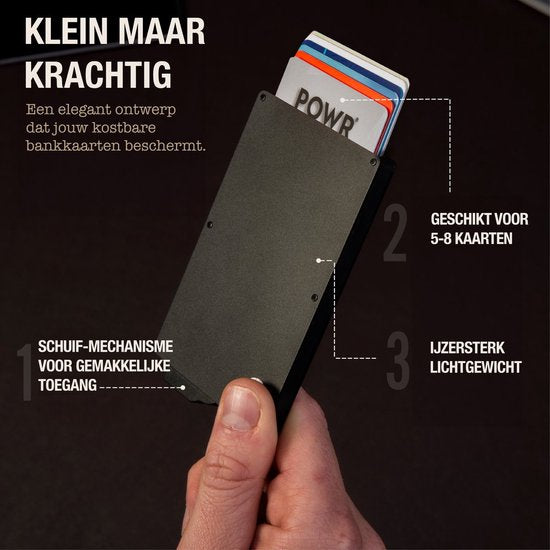 Porte-cartes POWR pour homme, gris - Étui de protection pour cartes bancaires avec système antivol - Technologie RFID - 5 cartes de crédit ou 8 cartes de visite - Cartes coulissantes - Aluminium - Avec compartiment à billets et pince à billets - Porte-car