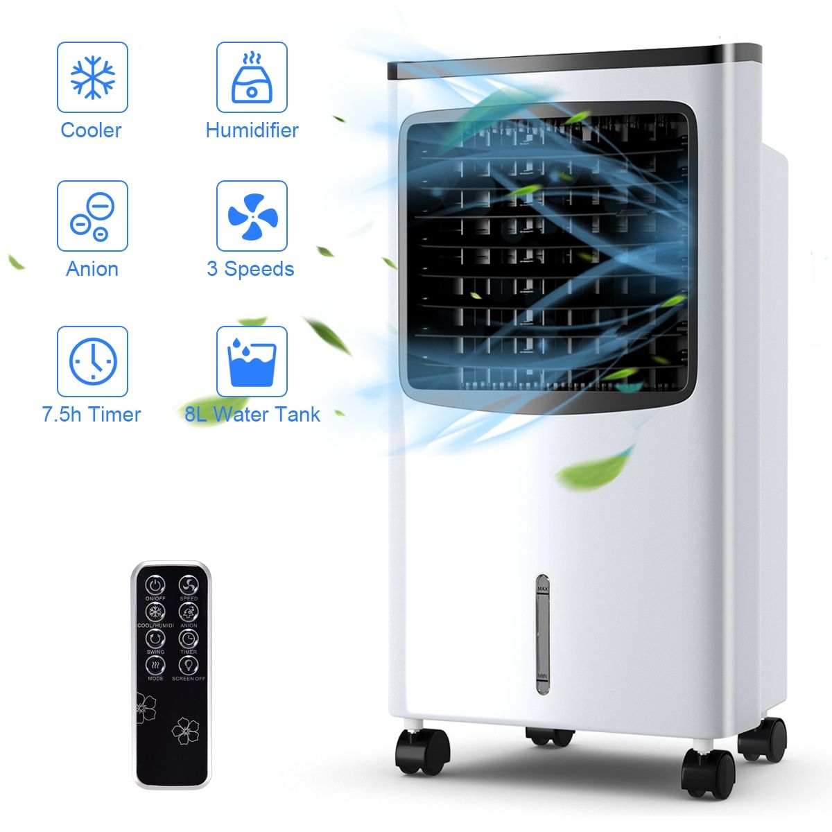 Climatiseur portable Coast - Climatiseur par évaporation 4-en-1 - Réservoir d'eau de 8 litres - Oscillation à 70° - Noir/blanc