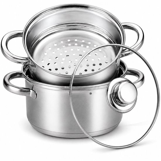 Casserole à vapeur Aviro - Couvercle en verre - 3,1 L - 20 cm - Induction et gaz - Cuiseur à vapeur 3 pièces pour riz et légumes - Acier inoxydable