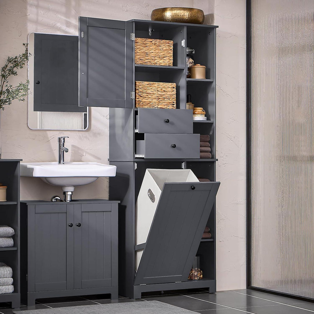 Sobuy Armoire de salle de bain avec panier à linge - Noir - 60x37x170 cm