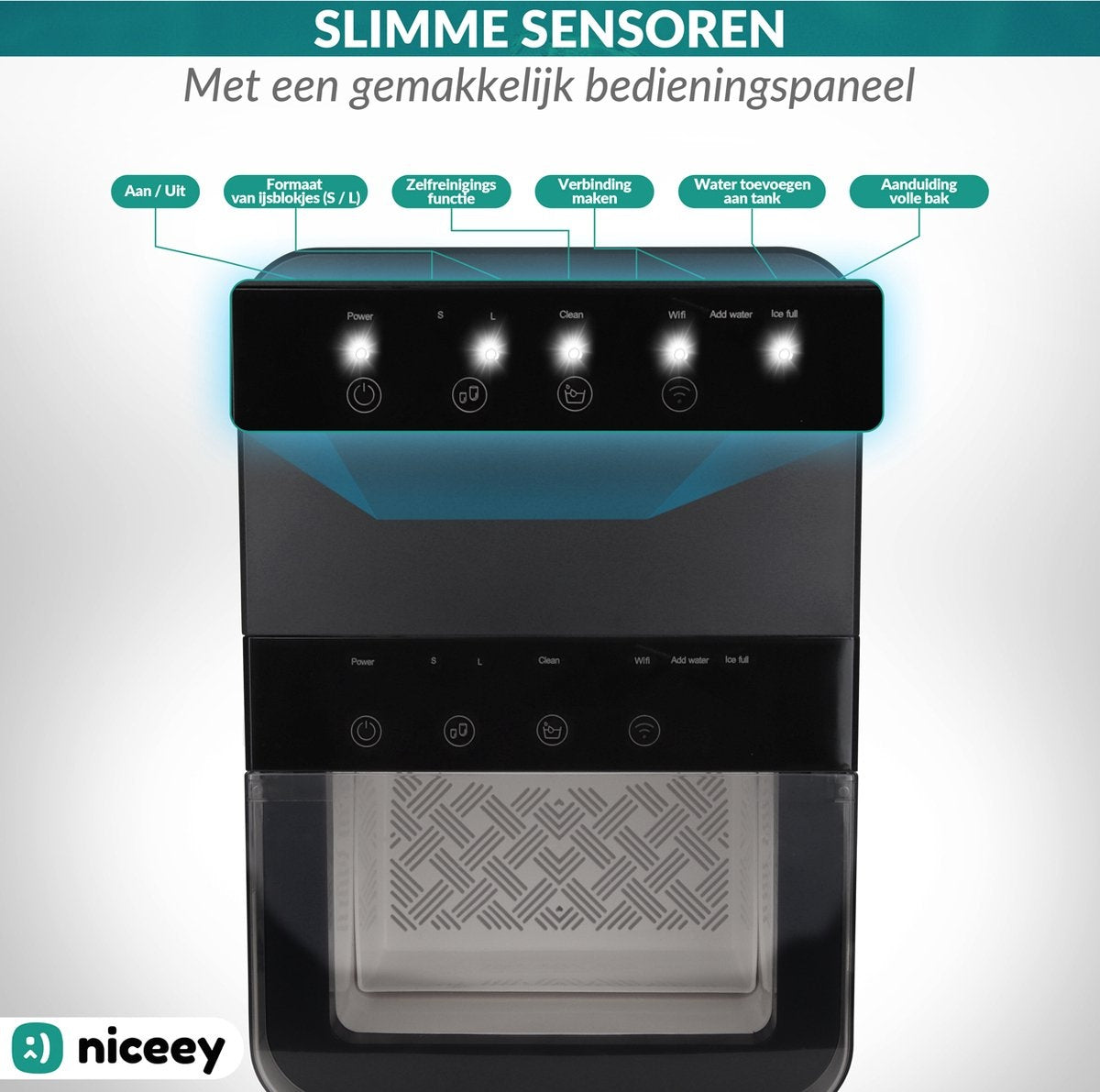 Machine à glaçons Niceey, 2 litres, en 6-8 min, 12kg/24h, avec cuillère à glace, Noir