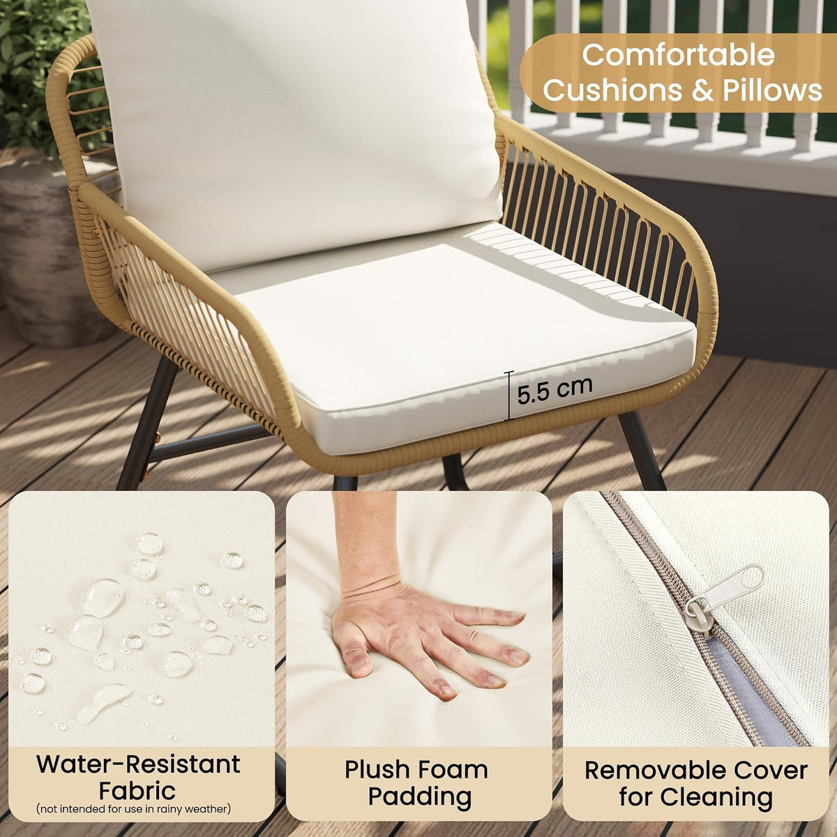 Ensemble de bistrot 3 pièces Yaheetech - Coussins et table en verre inclus - Beige/crème