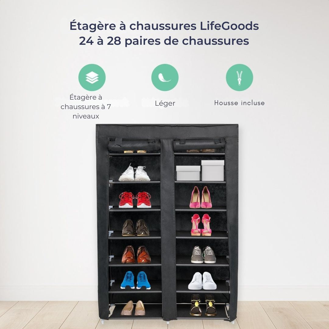 Rangement à chaussures LifeGoods - 7 couches - 28 paires de chaussures - Verrouillable - Noir