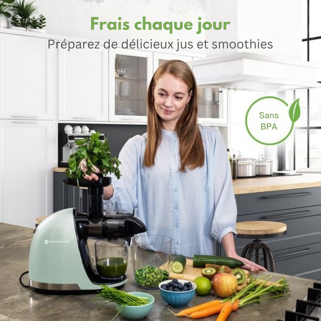 KitchenBrothers Slowjuicer - Presse-légumes et fruits - Extracteur de jus - 700ml - Vert pastel