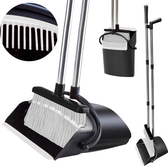 TTD® Pelle et brosse avec long manche XXL - réglable 54-263 cm - Balai - manche de balai - gris et noir - Pelle et brosse - Pelle pour l'intérieur et l'extérieur - Dents de nettoyage intégrées