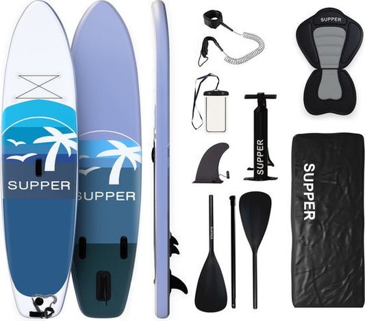 Supper Sup Board XL - Max. 180KG - Gonflable - Planche à pagaie - Pagaie réglable - Housse de téléphone étanche - Siège - Pompe - Aileron - Leash - Sac de transport - 335 x 81 cm