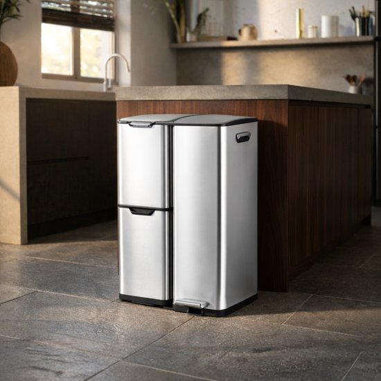 Bayt Poubelle - Poubelle 60 litres - Poubelle 60 litres - Poubelle à pédale 60 litres - Poubelle tri sélectif - Poubelle 3 compartiments - Poubelle - inox - Silver