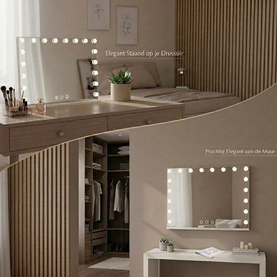 Miroir OMNIEXA Hollywood 58 × 46 cm – 15 ampoules LED – 3 couleurs de lumière – Intensité réglable – Grossissement 10x – USB-C – Miroir de maquillage – Miroir de coiffure – Coiffeuse – Blanc