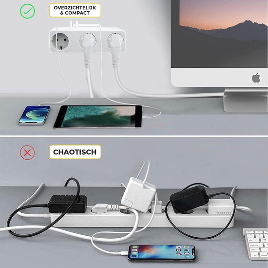 Multiprise MostEssential Premium 5-en-1 - Multiprise - 3 prises électriques et 2 ports USB - Horizontale - Blanche