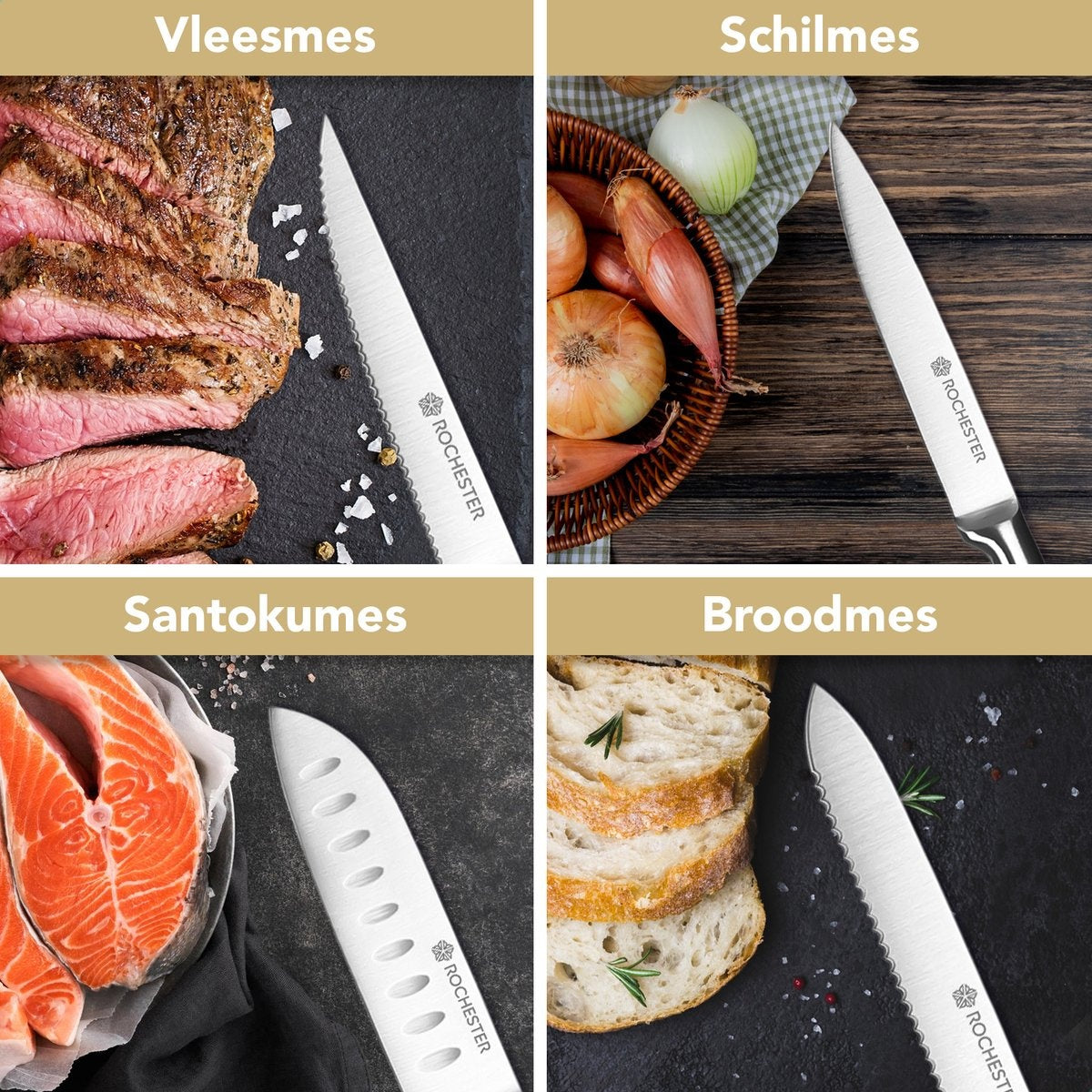 Ensemble de 14 couteaux avec bloc et aiguiseur de couteaux - Rochester - Acier inoxydable - Revêtement résistant aux rayures