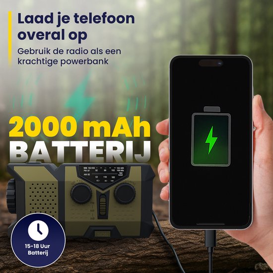 ODESSEY Radio d'urgence solaire rembobinable - 2000 mAh Powerbank - Lampe de poche - Radio portable - Kit d'urgence