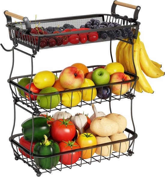 Posity Fruit Bowl 3 Layer - Fruit Basket - Fruit Etagere - Vegetable Basket - Wire Basket - With Banana Holder - Wood & Metal - Black