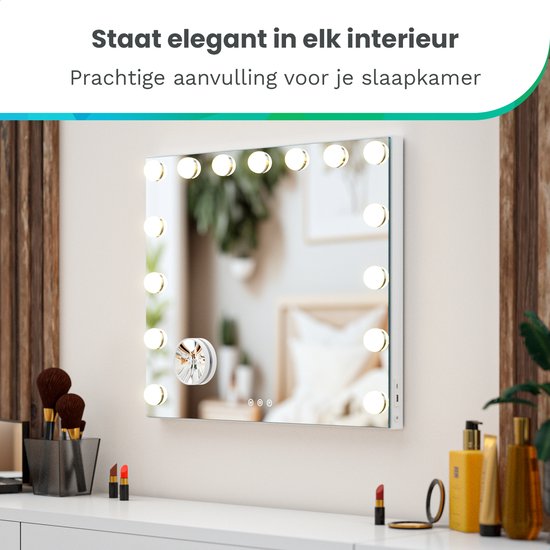Mirlux Hollywood Mirror 58x48CM - Bluetooth Mirror with 2 Speakers - Make Up Mirror with Lighting - 15x LED Lamps - 3 Light Modes - 10x Magnification - Hollywood Mirror with USB & USB-C - Luxury White Make-Up Mirror for Dressing Table or Bathroom