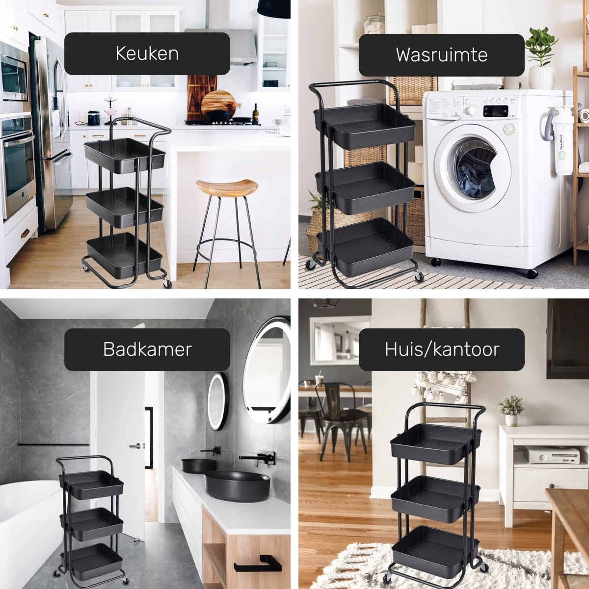 O'DADDY® Chariot de cuisine sur roulettes - chariot de service - chariot de cuisine noir - mobile et fixe - 3 étages - 86 x 43 x 36 cm