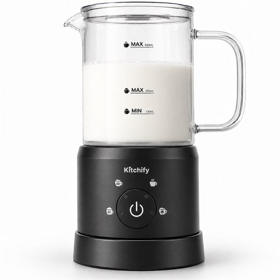 Mousseur à lait en verre Kitchify - Mousseur à lait électrique - Avec bec verseur - 4 en 1 - Milk Frother - Noir
