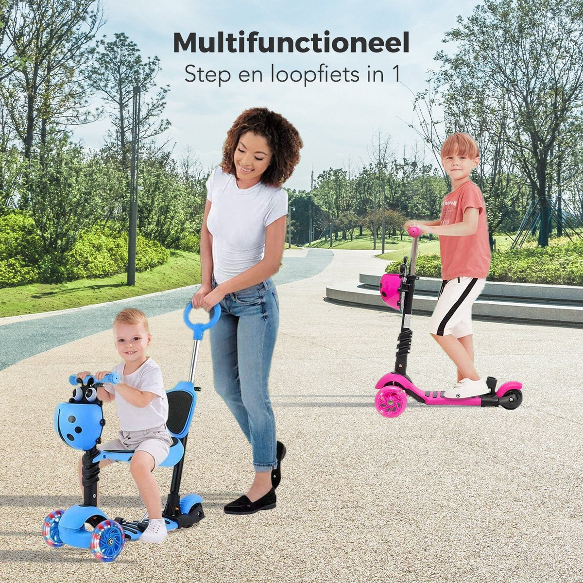 LifeGoods MultiRider - Scooter pour enfants avec barre de poussée - 3 -8 ans - Garçons/Filles - 3 roues lumineuses - Bleu