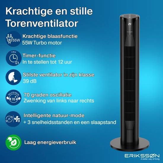 Ventilateur de tour Erikssøn - Silent Comfort Series - Ventilateur sur pied avec télécommande - Minuterie - 3 vitesses - 55W - 39 dB - 106cm - Efficace sur le plan énergétique - Ventilateur de refroidissement pour la pièce - Noir
