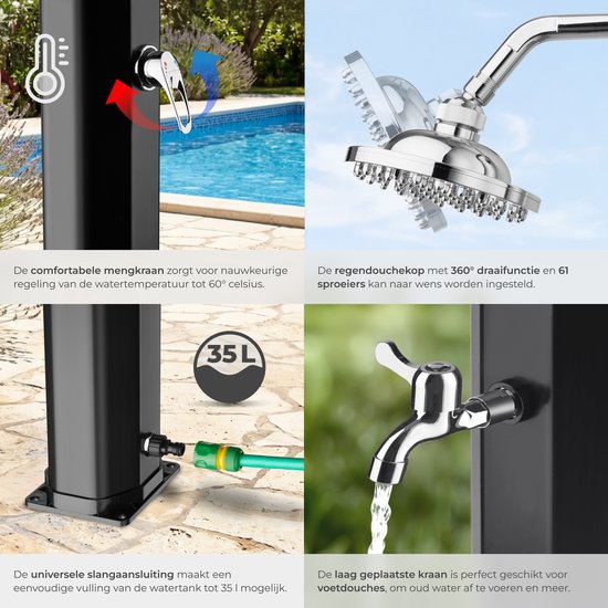 Douche d'extérieur tectake® - Solaire - 35 L - Eau chaude jusqu'à 60 °C - Avec housse de protection et porte-savon - Raccord pour tuyau d'arrosage - Douche de jardin avec grande pomme de douche réglable et robinet au pied - Douche solaire - Douche de camp