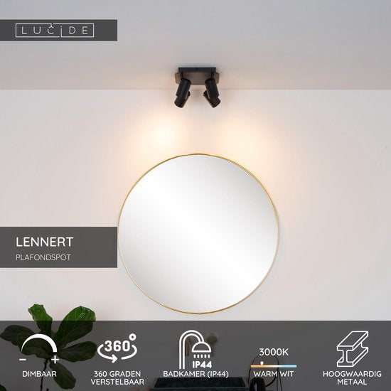 Lucide LENNERT - Spot de plafond (lampe de plafond) pour salle de bains - LED à intensité variable - GU10 - 4 x 5 W, 3000 K - IP44 - Noir