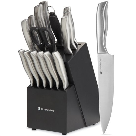 KitchenBrothers Set de couteaux de 16 pièces - avec ciseaux et acier d'affûtage - Argent/Acier inoxydable