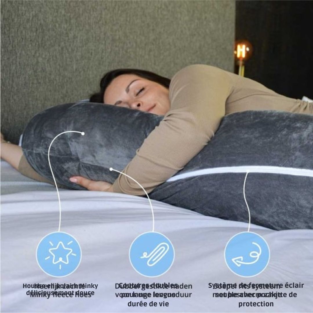 Oreiller de grossesse en forme de J - Ella® - Soutien optimal - confort pour le corps et l’allaitement - housse amovible en polaire Minky -155 cm - Gris